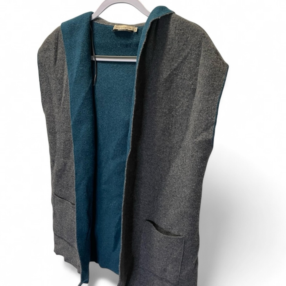 Chiaramente Reversible Wool Hooded Vest Gray Teal Women's Small Italy VTG - Picture 4 of 7